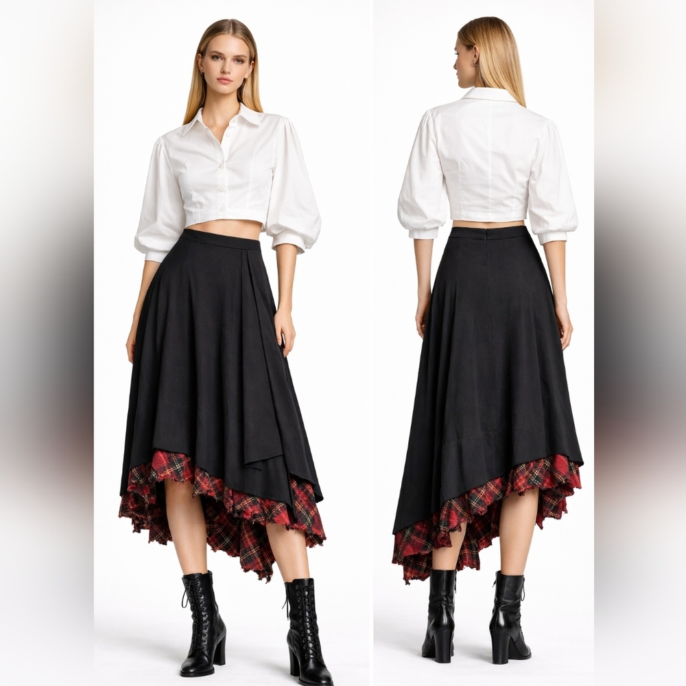 Ivan Grundahl Copenhagen Asymmetrical Wool Skirt Avant Garde Lagenlook Plaid Hem